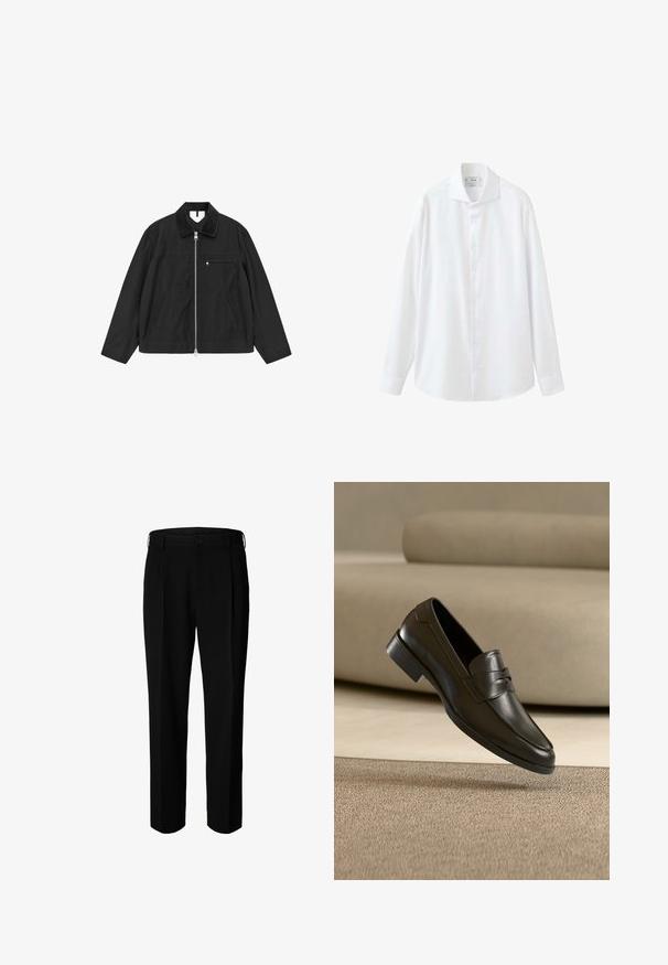 Schwarze Zip-up-Jacke mit Cordkragen, Seitentaschen und einer Brusttasche, mit glatter Textur und legerer Passform.; Weißes Langarmhemd mit Knöpfen, spitzem Kragen und Manschetten, auf weißem Hintergrund dargestellt.; Schwarze formelle Hose mit Gürtelschlaufen, Frontknopf und Reißverschluss, vor weißem Hintergrund dargestellt.; Schwarzer Leder-Slipper, der über einem beigen Teppich schwebt, mit einem beigen Sofa im Hintergrund, und zeigt das klassische Herren-Design zum Hineinschlüpfen.