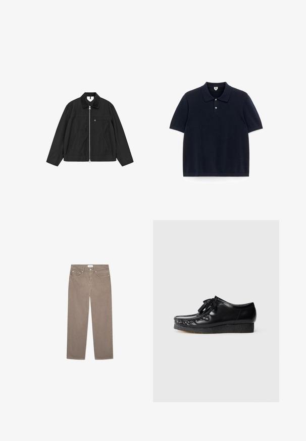 Musta vetoketjullinen takki, jossa on puuvillahartsi (corduroy) -kaulus, sivutaskut ja rintatasku. Takissa on sileä pinta ja rento istuvuus.; Tumma laivastonsininen lyhythihainen poolopaita, jossa on klassinen kaulus ja kaksi etunappia valkoisella taustalla.; Ruske suknje ravnog kroja s pet džepova, metalnim detaljima i glatkom teksturom. Tkanina ima suptilni, ravnomerni uzorak.; Mustat nahkakengät, joissa on pyöristetty kärki, nauhoitus edessä ja teksturoitu musta korokepohja, jossa on koristeommellut reunat.