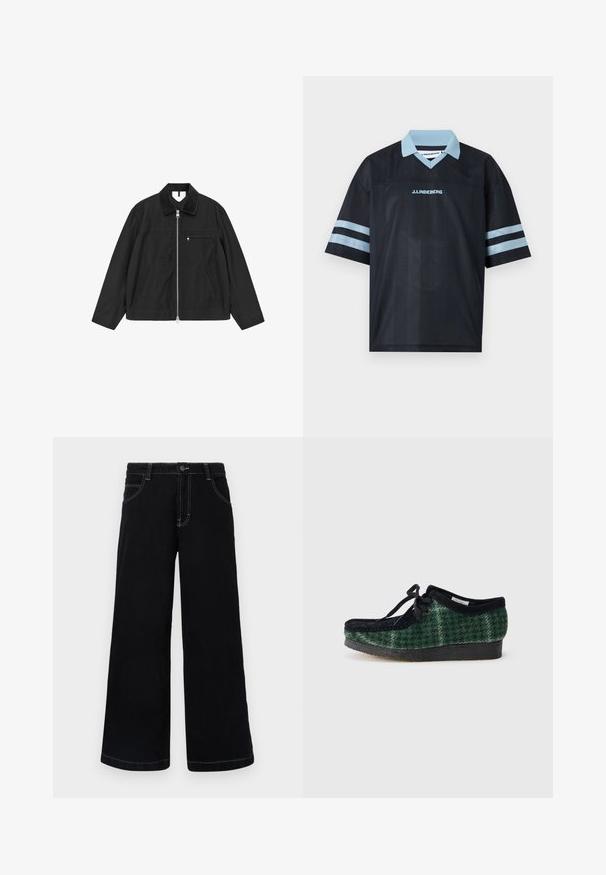 Schwarze Zip-up-Jacke mit Cordkragen, Seitentaschen und einer Brusttasche, mit glatter Textur und legerer Passform.; Schwarzes Sportshirt mit kurzen Ärmeln, hellblauem Kragen, zwei hellblauen Streifen an jedem Ärmel und "J. LINDEBERG"-Logo auf der Brust.; Schwarze weit geschnittene Jeanshose aus Denim, mit Knopfverschluss, fünf Taschen und kontrastierendem weißen Nähten entlang der Nähte.; Grüne und schwarze gemusterte Schuhe mit einem Obermaterial aus Wildleder, runder Zehenform, Schnürsenkeln und einer strukturierten Gummisohle.