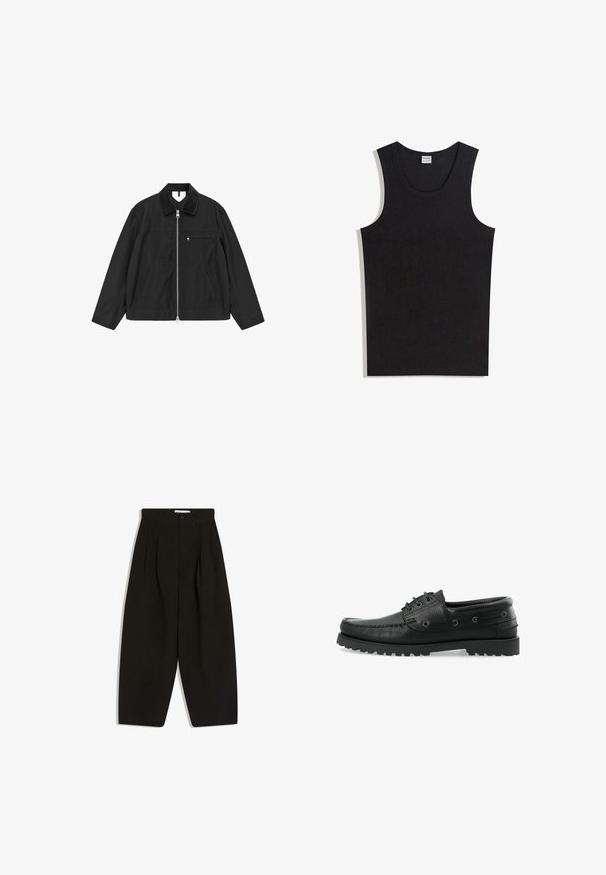 Sort lynlåstrøje med en fløjlsagtig krave, sidelommer og en brystlomme, der har en glat tekstur og en afslappet pasform.; Sort tanktop lavet af bomuld med rund halsudskæring og ærmeløs design. Glat tekstur uden synlige mønstre eller accenter.; Sorte bukser med vide ben lavet af blødt stof, med plisseret front, knaplukning og sidelommer for ekstra funktionalitet.; Sorte læder bådsko med tekstureret overflade, snørebåndsdesign, gummisål med trækkraft og metaløjer på siderne.