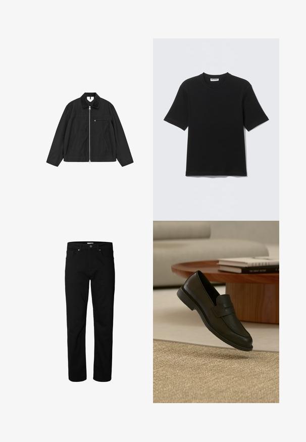 Schwarze Zip-up-Jacke mit Cordkragen, Seitentaschen und einer Brusttasche, mit glatter Textur und legerer Passform.; Schwarzes T-Shirt mit kurzen Ärmeln und Rundhalsausschnitt, mit einem "WEEKDAY"-Etikett innen am Kragen, flach auf einem hellen Hintergrund liegend dargestellt.; Schwarze Jeans mit geradem Bein, Knopf- und Reißverschluss, Gürtelschlaufen und Taschen vorne und hinten, vor weißem Hintergrund dargestellt.; Schwarzer Lederloafer-Schuh schwebt über einem beige gewebten Teppich, mit einem Holztisch und gestapelten Büchern in einem sanft beleuchteten Wohnzimmer.