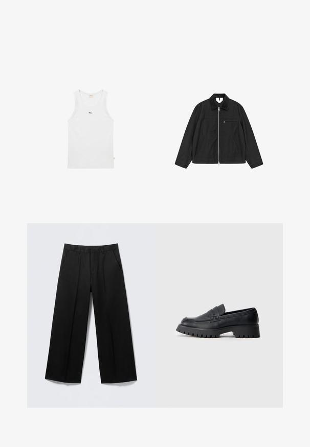 Veste noire à fermeture éclair avec un col en velours côtelé, des poches latérales et une poche poitrine, présentant une texture lisse et une coupe décontractée.; Débardeur blanc sans manches avec col rond et petit texte logo noir centré sur la poitrine sur fond uni.; Pantalon large noir avec passants pour ceinture, poches avant et fermeture éclair, présenté sur un fond gris clair.; Mocassins en cuir noir avec un bout arrondi, présentant une sangle décorative et une semelle en caoutchouc épaisse avec de profonds crampons pour une meilleure adhérence.