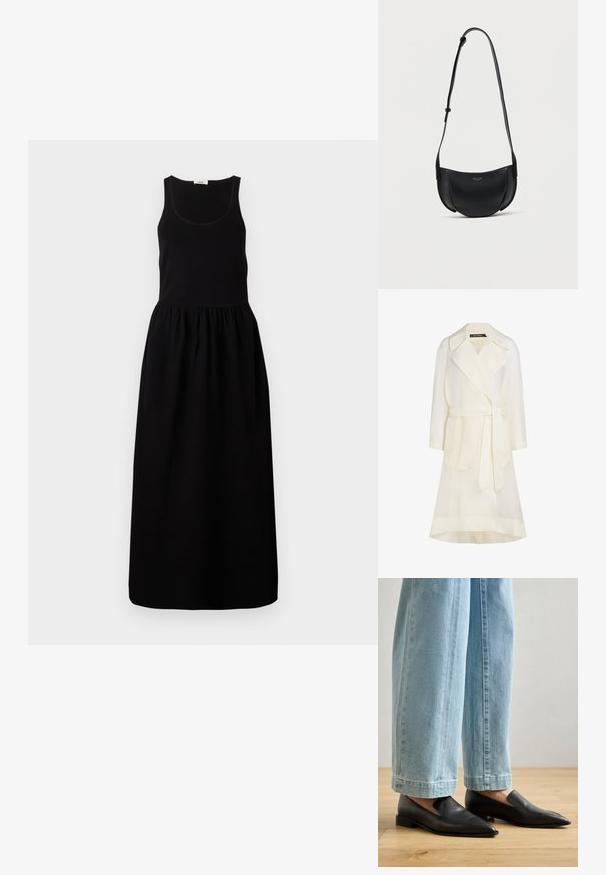Licht ivoorkleurige trenchcoat van transparante stof, met een kraag, lange mouwen, ceintuur in de taille en twee steekzakken aan de voorkant.; Zwart mouwloos maxi-jurk met een aansluitend lijfje, gathered taille en een vloeiende rok. Gemaakt van een zachte stof met een gladde textuur.; Zwarte leren schoenen met een spitse neus en instapontwerp, gecombineerd met lichtblauwe wijde jeans, op een houten vloer.; Zwart leren halvemaanvormige crossbodytas met verstelbare riem en klein gouden logo in het midden aan de voorkant.
