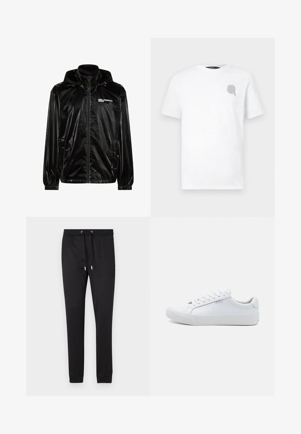 Must läikiv kapuutsiga jakk ees tõmblukuga, elastsete varrukasäärtega, küljetaskutega ja rinnal "KARL LAGERFELD JEANS" logo.; Valge puuvillane T-särk, millel on ümar kaelus ja mille vasaku rinnaosa peal on väike hall tikand. Regulaarne lõige lühikeste varrukatega.; Mustad mustad jogger püksid pehmest kangast, millel on elastne vöökoht ja paelad, küljetaskud ning kinnised varrukad pahkluudel.; Valge nahkkingadega tossud, millel on sile viimistlus, madal disain, ümar varvas ja lame kummitald. Omavad lamedaid paelu ja minimaalset brändingut.