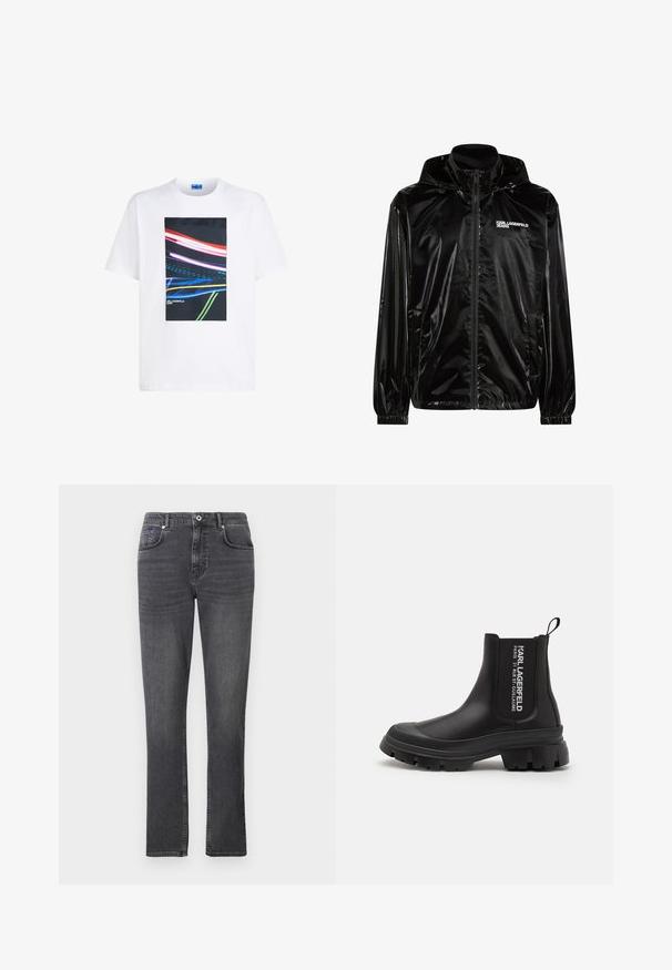 Must läikiv kapuutsiga jakk ees tõmblukuga, elastsete varrukasäärtega, küljetaskutega ja rinnal "KARL LAGERFELD JEANS" logo.; Valge puuvillane T-särk, millel on keskne ristkülikukujuline graafika, kus punased, sinised ja rohelised valguslähendid eristuvad mustal taustal.; Halli denim püksid, mis omavad sirget lõiget, viie tasku stiili ning peeneid tikandeid. Kangas on sileda tekstuuriga.; Mustad mustad, mis on valmistatud siledast kummist, koonusainete vahetiibal, elastsetest külgdetailidest ja valgete logode esitlemisest varre peal.