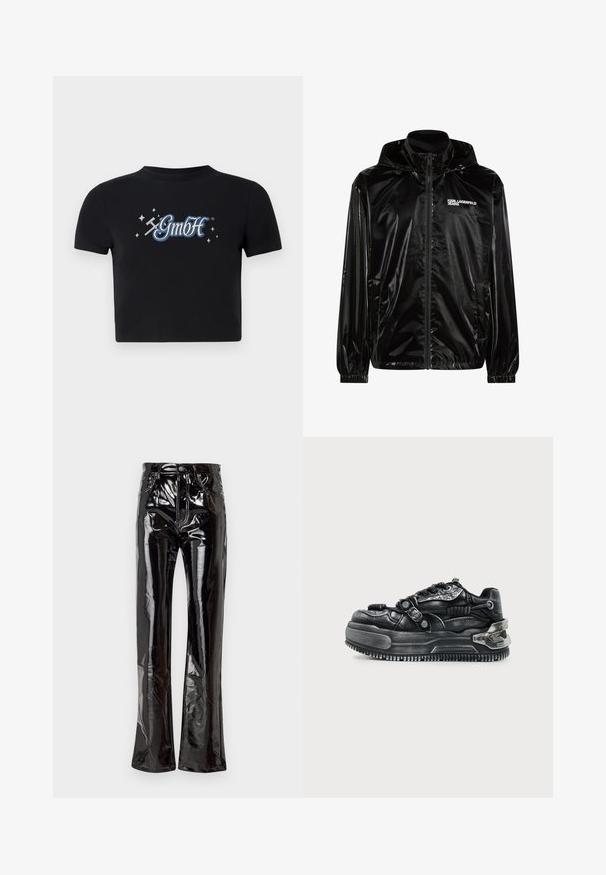 Sort blank hættejakke med frontlynlås, elastiske manchetter, sidelommer og "KARL LAGERFELD JEANS" logo på brystet.; Sort cropped t-shirt lavet af bomuld med en rund halsudskæring, prydet med et blåt og hvidt "GmbH" logo omgivet af små stjerner, trykt på forsiden.; Sorte, højtaljede flagrende bukser lavet af blank vinyl med forlommer, lynlås lukning og synlige sømdetaljer.; Sort chunky sneaker med tyk sål, snørebånd, teksturerede stropper og metal detaljer på hælen og siderne mod en lys baggrund.