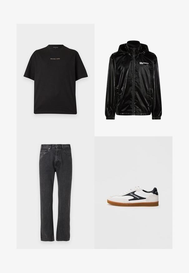 Zwarte glanzende gewatteerde jas met kap, ritssluiting aan de voorkant, elastische manchetten, zijzakken en het "KARL LAGERFELD JEANS" logo op de borst.; Zwart T-shirt met korte mouwen en ronde hals met het "MICHAEL KORS"-logo gecentreerd in kleine gouden letters op de borst.; Zwarte straight-leg spijkerbroek met knoop- en ritssluiting aan de voorkant, voor- en achterzakken, afgebeeld tegen een witte achtergrond.; Witte sneaker met zwarte accenten, gemaakt van suède en leer, versterkte neus, rubberen gumzool, met "Karl Lagerfeld"-branding aan de zijkant.