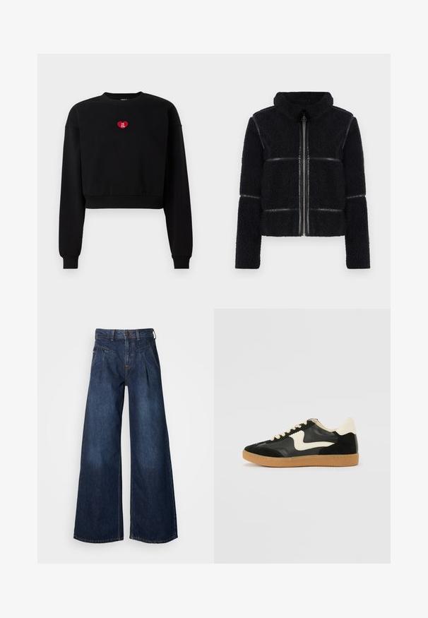 Zwarte fleecetrui met een hoge kraag, ritssluiting aan de voorkant en gladde leren accenten. Heeft een gestructureerd oppervlak en een gestructureerde silhouet.; Zwarte cropped sweatshirt met lange mouwen, geribde manchetten en een rode hartpatch met de tekst "LOVE YOU CLUB" op de borst.; Wijde denimmer jeans met een hoge taille, voorzien van plooien aan de voorkant en subtiele stikdetails. Gladde textuur, casual ontwerp.; Zwarte suède en leren sneaker met een crèmekleurige zij-swoosh en lichte crèmekleurige hiel. Voorzien van beige veters en een gumrubberen zool.