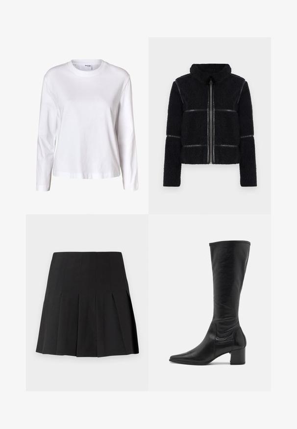 Chaqueta de forro polar negra con cuello alto, cremallera frontal y acentos de cuero suave. Presenta una superficie texturizada y una silueta estructurada.; Camisa blanca lisa de mujer con mangas largas, cuello redondo, bajo recto y sin patrones ni logos visibles.; Falda corta negra plisada hecha de una tela ligera. Cuenta con una cintura ajustada y pliegues tipo cuchillo bien definidos para un aspecto estructurado.; Bota de cuero negro hasta la rodilla con punta afilada, detalles de costura mínimos y un tacón cuadrado robusto. Textura lisa con un acabado brillante.