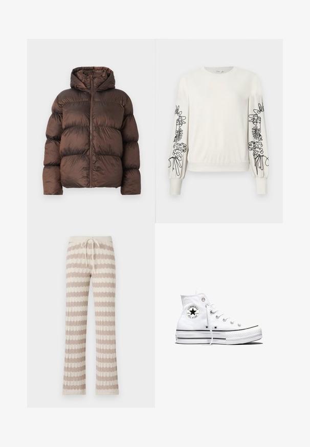 Chaqueta acolchada marrón con una textura brillante y acolchada, que cuenta con capucha y una cremallera frontal, diseñada con segmentos horizontales.; Sudadera blanca de manga larga con bordado floral abstracto negro en las mangas y puños y dobladillo acanalados.; Pantalones de lounge de punto con rayas verticales en beige y crema, que cuentan con una cintura ajustable con cordón y una textura de punto abierto.; Zapatilla blanca de caña alta Converse Chuck Taylor All Star con parche de logo negro y cordones blancos, presentada sobre fondo blanco.