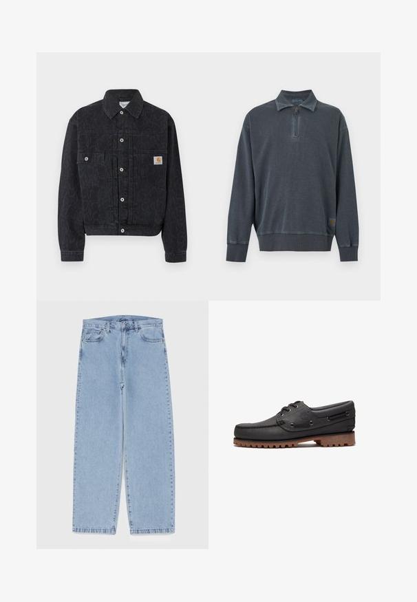 Zwarte denim jas met knopen, subtiele luipaardprint, twee voorzakken en een klein vierkant Carhartt-logo op de rechterzak.; Donkergrijze trui met lange mouwen, halve ritssluiting bij de kraag en geribbelde boorden en zoom, met een klein logoplaatje dicht bij de onderzoom.; Lichtblauwe denim jeans met een recht model, voorzien van een middelhoge taille, vijf zakken en een knoop- en ritssluiting.; Zwart leren bootschoen met veters, ronde neus, gestructureerde bruine rubberen zool en gestikte leren zijkanten.