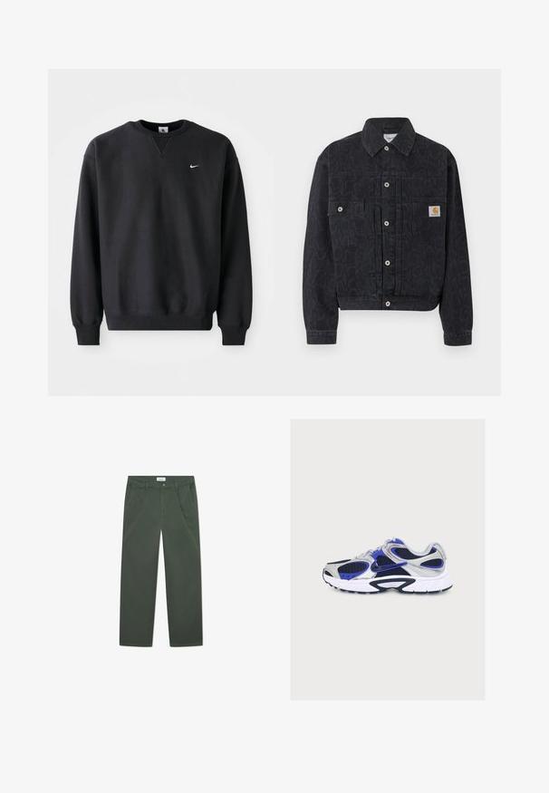 Sort denimjakke med knapper og diskret leopardprint, to forlommer og et lille firkantet Carhartt-logo på højre lomme.; Sort Nike sweatshirt med rund halsudskæring og lange ærmer, med det ikoniske swoosh-logo i hvidt på brystet.; Mørkegrønne bomuldsbukser med lige ben-design, forlommer og knaplukning i taljen. Glat tekstur, uden mønstre.; Grå og blå atletiksneaker med hvid sål og sort Nike swoosh-logo vist fra siden på en ensartet lys baggrund.