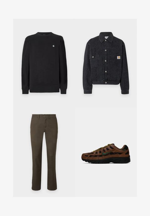 Sort denimjakke med knapper og diskret leopardprint, to forlommer og et lille firkantet Carhartt-logo på højre lomme.; Sort langærmet sweatshirts med rund hals og lille hvidt cirkulært logo på venstre bryst, ribbede manchetter og kant.; Mørkebrune bukser lavet af bomuldsblanding. Har en knaplukning, lige ben-design og en subtil tekstur uden synlige mønstre eller dekorationer.; Brun og sort lav-top sneakers med grøn Nike swoosh, gule og sorte snørebånd samt sort sål, set fra siden på ensfarvet baggrund.