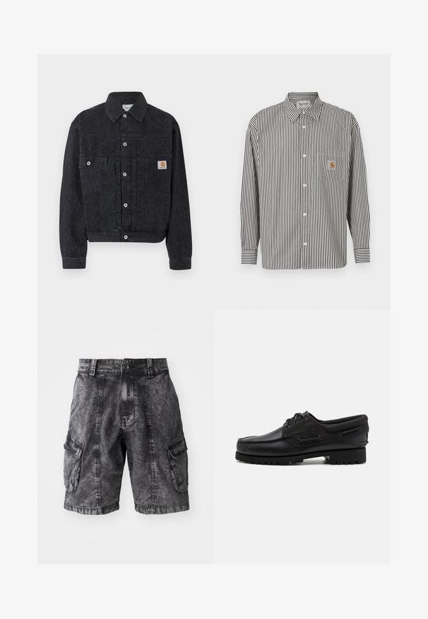 Chaqueta vaquera negra con botones, estampado sutil de leopardo, dos bolsillos frontales y un pequeño parche cuadrado con el logotipo de Carhartt en el bolsillo derecho.; Camisa de manga larga con rayas verticales en blanco y negro y cuello abotonado. Cuenta con un bolsillo en el pecho con un parche de logo beige.; Pantalones cortos cargo de mezclilla negra con textura desgastada, dos bolsillos laterales y cierre de botón. Hasta la rodilla con costuras reforzadas.; Zapato negro con parte superior de cuero, acentos de textil, cordones redondos y suela de goma texturizada. Presenta costura de mocasín y detalle de marca.