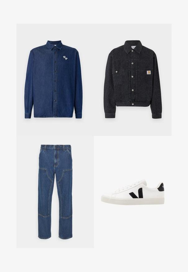Chaqueta vaquera negra con botones, estampado sutil de leopardo, dos bolsillos frontales y un pequeño parche cuadrado con el logotipo de Carhartt en el bolsillo derecho.; Camisa de denim azul oscuro con cierre de botones en la parte delantera, mangas largas y cuello puntiagudo. Presenta un logo "RP" bordado en blanco.; Jeans de mezclilla azul con pierna recta, bolsillos frontales tipo parche y costuras en contraste. La tela tiene una textura y un acabado clásicos.; Zapatilla de cuero blanca con acentos de ante negro; presenta una suela de goma, puntera redonda y un diseño clásico de cordones. Logo lateral en negro.