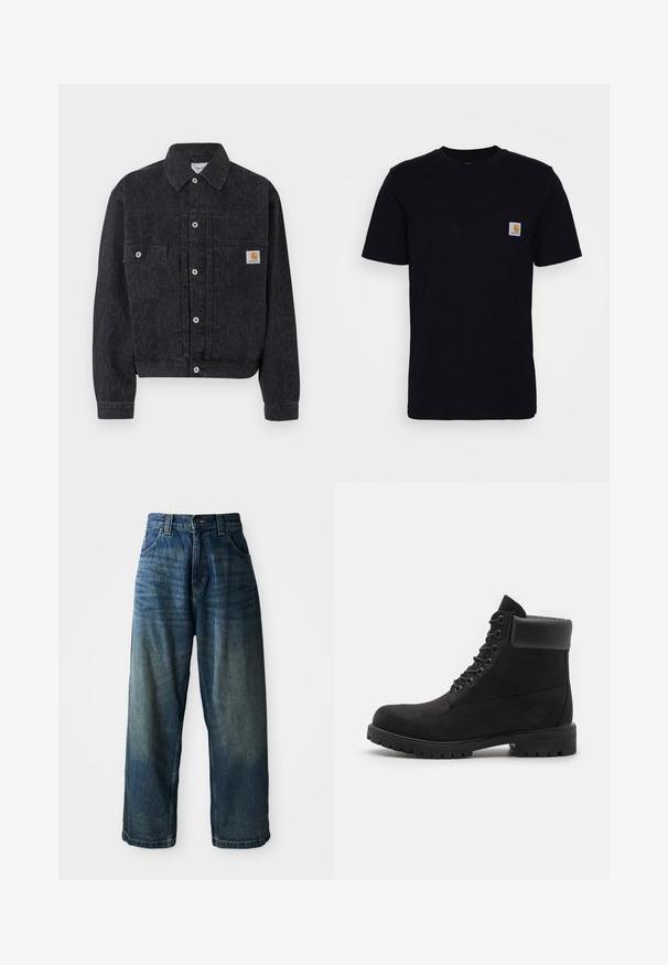 Zwarte denim jas met knopen, subtiele luipaardprint, twee voorzakken en een klein vierkant Carhartt-logo op de rechterzak.; Zwarte katoenen t-shirt met korte mouwen, ronde hals en een borstzak met een klein, vierkant logo patch. Eenvoudig, stevig ontwerp.; Wijdvallende blauwe denim jeans met een vervaagde afwerking. Bevat vijf zakken, een knoopsluiting en contrasterende stiksels. Zwaar gewicht stof.; Zwarte enkellaars met vetersluiting, voorzien van een gevoerde kraag en een robuuste zool, weergegeven in profiel tegen een witte achtergrond.