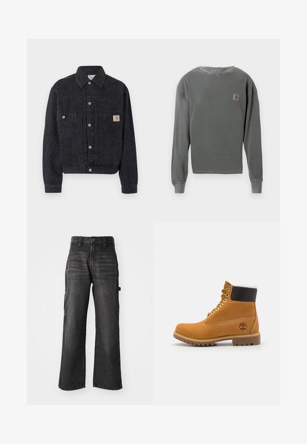 Zwarte denim jas met knopen, subtiele luipaardprint, twee voorzakken en een klein vierkant Carhartt-logo op de rechterzak.; Grijze langekatoenen sweatshirt met crewneck en ribbeltextuur, voorzien van een klein vierkant logopatch op de linkerborst en ribgebreide manchetten.; Wijdvallende zwarte denim broek gemaakt van zachte katoen met een vervaagde afwerking. Heeft een sluiting met een knoop aan de voorkant en zijzakken.; Bruine leren enkellaars met metalen oogjes, witte faux bont voering, zwarte gewatteerde kraag, robuuste zool en een reliëflogo aan de zijkant.