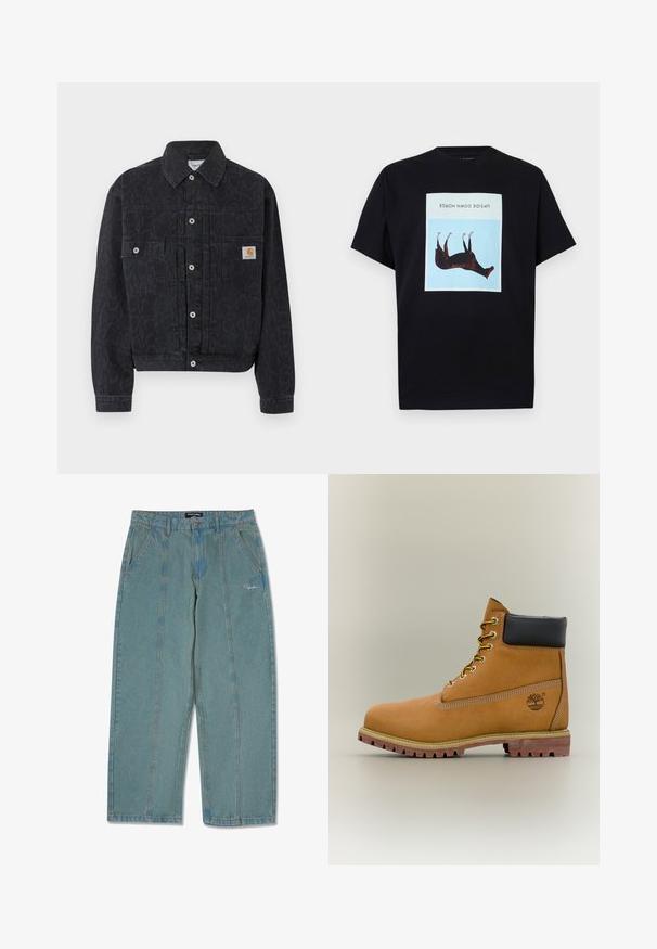 Sort denimjakke med knapper og diskret leopardprint, to forlommer og et lille firkantet Carhartt-logo på højre lomme.; Sort T-shirt med en centered omvendt brun hesteillustration på en blå firkant og teksten "UPSIDE DOWN HORSE" over den.; Lysblå, ikke-slidte denimbukser med lige ben, der har forlommer og en diskret broderet logo nær taljen.; Brun læderankelstøvle med sort krave, gule snørebånd og tanfarvet sål. Har logo og hvide syninger som detalje. Robust ydersål med greb.