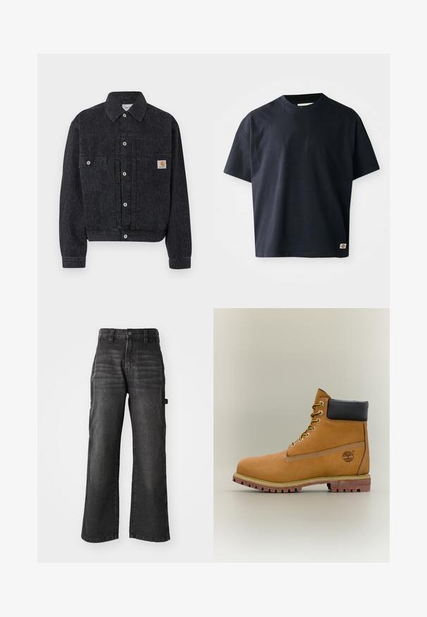Schwarze Jeansjacke mit Knopfleiste und dezentem Leopardenmuster, zwei Fronttaschen und einem kleinen quadratischen Carhartt-Logo auf der rechten Tasche.; Navy-blaues T-Shirt mit kurzen Ärmeln und Rundhalsausschnitt, mit einem kleinen rechteckigen Markenlogo nahe dem unteren Saum auf der Vorderseite rechts.; Weite schwarze Denim-Hosen aus weich verarbeitetem Baumwollstoff mit einem ausgewaschenen Finish. Mit einem Knopfverschluss vorne und seitlichen Taschen.; Brauner Leder-Stiefelette mit schwarzem Kragen, gelben Schnürsenkeln und hellbrauner Sohle. Verfügt über ein Logo und weiße Ziernähe. Robuste Profilsohle.