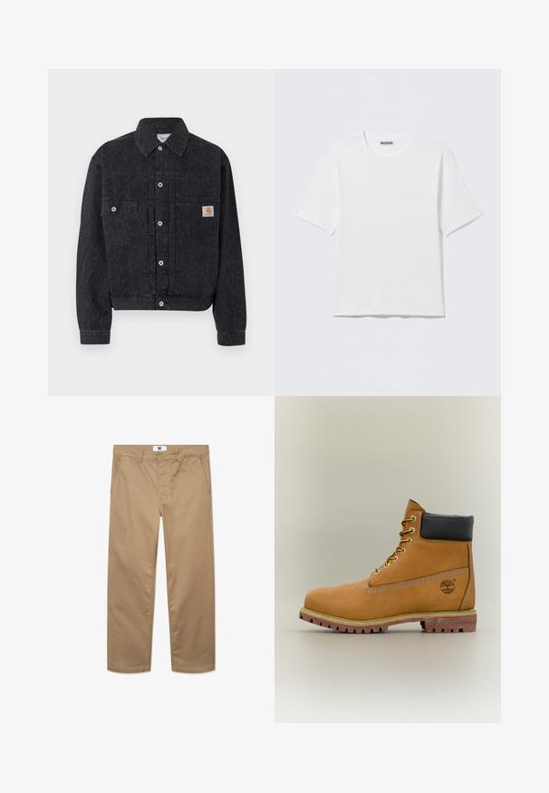 Sort denimjakke med knapper og diskret leopardprint, to forlommer og et lille firkantet Carhartt-logo på højre lomme.; Hvid, kortærmet t-shirt med rund hals og et lille "WEEKDAY"-mærke på indersiden af bagkraven, vist på en flad overflade.; Kakhifarvede bomuldsbukser med lige ben, der har en enkelt knaplukning, bæltestropper og to sidelommer. Glat tekstur.; Brun læderankelstøvle med sort krave, gule snørebånd og tanfarvet sål. Har logo og hvide syninger som detalje. Robust ydersål med greb.