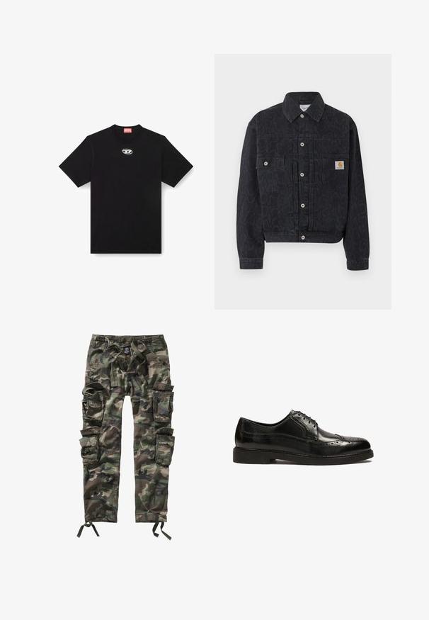 Schwarze Jeansjacke mit Knopfleiste und dezentem Leopardenmuster, zwei Fronttaschen und einem kleinen quadratischen Carhartt-Logo auf der rechten Tasche.; Schwarzes Baumwoll-T-Shirt mit Rundhalsausschnitt und kurzen Ärmeln. Enthält ein kleines, silbernes Logo, das in der Mitte vorne gestickt ist.; Tarnfarben Cargo-Hosen in verschiedenen Grüntönen und Brauntönen. Verfügt über mehrere große Taschen, einen Kordelzugbund und ein entspanntes Design.; Schwarze Leder-Halbschuhe mit runder Zehenform, Schnürdesign, Brogue-Verzierungen, glatter Oberfläche und flacher Gummisohle.