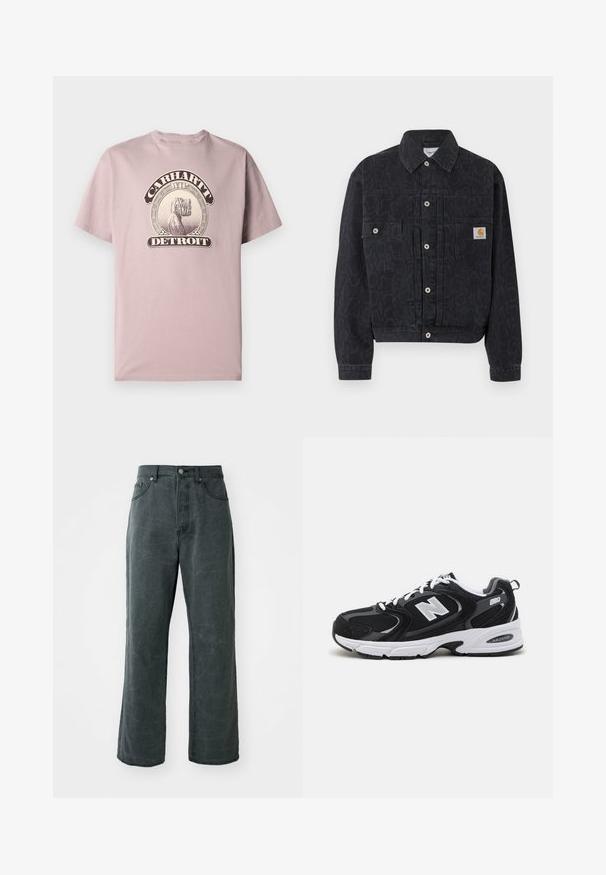 Zwarte denim jas met knopen, subtiele luipaardprint, twee voorzakken en een klein vierkant Carhartt-logo op de rechterzak.; Lichtroze katoenen t-shirt met een ronde halslijn en korte mouwen, voorzien van een vintage-stijl grafisch ontwerp met "Carhartt WIP Detroit."; Wijdvallende donkergrijze spijkerbroek van denim, met een hoge taille, vijf-pocket ontwerp en een subtiele versleten textuur.; Zwarte en grijze sport schoenen met een bovenwerk van mesh en suede, voorzien van een witte tussenzool, veters en een gedurfde "N"-logo aan de zijkant.