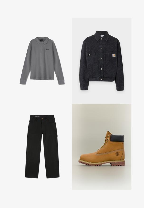 Schwarze Jeansjacke mit Knopfleiste und dezentem Leopardenmuster, zwei Fronttaschen und einem kleinen quadratischen Carhartt-Logo auf der rechten Tasche.; Langarm-Polohemd aus gestreiftem grauem Stoff. Verfügt über einen Kragen, eine Drei-Knopf-Leiste und dezente schwarze Markenkennzeichnung auf der Brust.; Schwarze Arbeitshose mit geradem Bein, verstärkten Knieeinsätzen, Kupfernieten, Gürtelschlaufen, Vordertaschen und einer seitlichen Werkzeitschlaufe am rechten Bein.; Brauner Leder-Stiefelette mit schwarzem Kragen, gelben Schnürsenkeln und hellbrauner Sohle. Verfügt über ein Logo und weiße Ziernähe. Robuste Profilsohle.