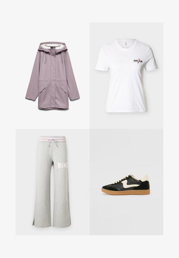 Lang lavendel regnfrakke med hætte, frontknapper med trykknapper, snoretræk og to lommelåg, vist på en hvid baggrund.; Hvid T-shirt med korte ærmer og rund hals med teksten "AMOUR" og en pink lyngrafik på venstre bryst.; Lysegrå sweatpants med vide ben, pink stribet linning, snor, sideslidser og hvid Nike-logo på venstre lår.; Sorte ruskinds- og lædersneakers med en cremefarvet side-swoosh og lys cremefarvet hæl. Har beige snørebånd og en gummirubber-sål.
