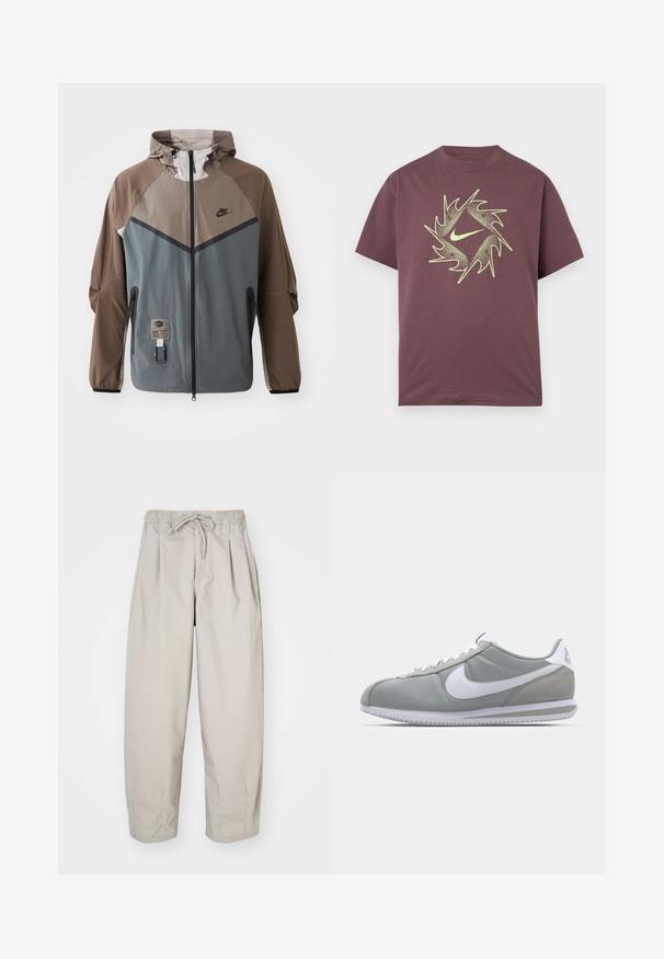 Nike-jakke med farveblokeret design i grå og brun, med snøre-hætte, lynlåslukning og sidelommer. Strukturerede stofdetaljer.; Kortærmet bordeaux T-shirt med et abstrakt, neon gult, spidset cirkeldesign og en central swoosh-logo på brystet.; Beige, lette bukser med elastisk talje og snor. Har plisseringer og en løs pasform, lavet af blødt, glat stof.; Grå atletisk sko med overdækning i ruskind og tekstil, hvid Nike swoosh og hvide snørebånd. Har en struktureret gummisål og polstret krave.