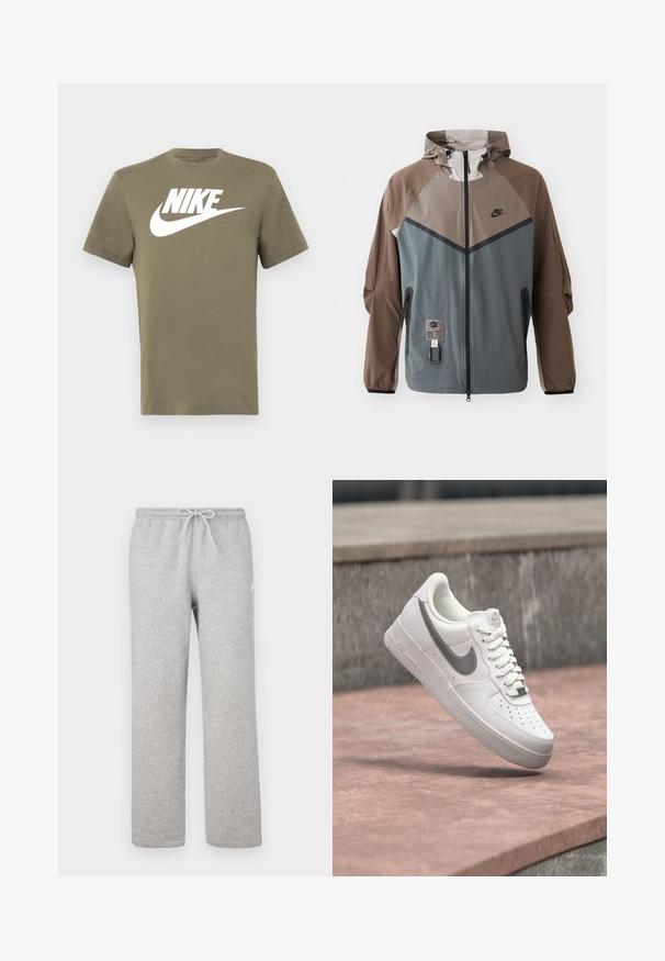 Nike μπουφάν με σχέδιο χρωματικών μπλοκ σε γκρι και καφέ, με κουκούλα με κορδόνι, κλείσιμο με φερμουάρ και πλαϊνές τσέπες. Λεπτομέρειες από υφαντό ύφασμα.; Λάδι πράσινο κοντομάνικο μπλουζάκι από βαμβάκι, με άσπρο λογότυπο Nike και την χαρακτηριστική σwoosh εκτυπωμένη μπροστά. Απλός σχεδιασμός με στρογγυλή λαιμόκοψη.; Γκρι φόρμα με ελαστική μέση και κορδόνι. Κατασκευασμένη από απαλό ύφασμα, διαθέτει ίσια μπατζάκια και λεπτή λεπτομέρεια με λογότυπο.; Λευκό sneaker Nike Air Force 1 με γκρι λογότυπο swoosh να αιωρείται πάνω από μια πέτρινη επιφάνεια και φόντο από γκρι πέτρινο τοίχο.
