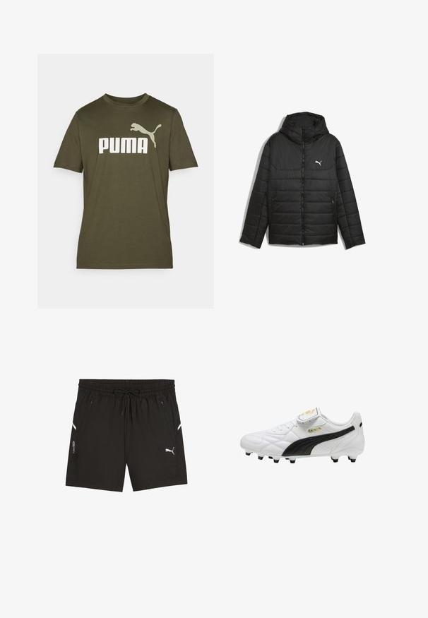 Čierna pufová bunda s kapucňou, prešívaný dizajn, predný zips a bočné vrecká. Obsahuje malé biele logo na ľavej hrudi. Ľahký materiál.; Olivovozelené bavlnené tričko s veľkým bielym logom "PUMA" a grafikou skáčúceho pumy na ľavom ramene. Krátke rukávy, okrúhly výstrih.; Čierne športové šortky s elastickým pásom a šnúrkou, bočné vrecká so zipsom, biele logo Puma na pravej nohe a text "PUMATECH" na ľavej nohe.; Biele futbalové kopačky s čiernym pruhom, formovanými štupľami, šnúrkami a zipsovou prackou na jazyku, na ktorej sú zlaté logá.