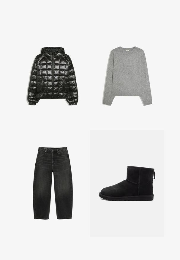 Schwarze glänzende gesteppte Jacke mit Kapuze, Frontreißverschluss, Reißverschlusstaschen an den Seiten und elastischen Ärmelbündchen.; Schlichter hellgrauer Langarm-Strickpullover mit gerippten Bündchen, Saum und rundem Ausschnitt, flach auf einem weißen Hintergrund liegend.; Schwarze Denim-Jeans mit weitem Bein, mittelhoher Taille, vorderer Knopf- und Reißverschluss sowie Fünf-Taschen-Stil.; Schwarze Wildleder-Ankle Boots mit abgerundeter Spitze, minimalistischen Stichdetails, Zuglasche und einer strukturierten Gummisohle. Entworfen für Wärme und Komfort.