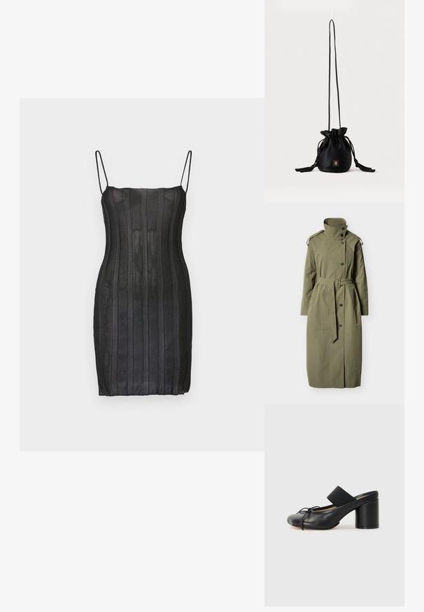Long manteau trench vert olive avec col montant à boutons, épaulettes, boutons sur le devant, ceinture à la taille et poches latérales sur fond blanc.; Robe noire cintrée avec de fines bretelles spaghetti, présentant une texture rayée verticale et une coupe au genou. Finition en tissu lisse.; Mules noires à talons avec un bout rond, fabriquées en cuir lisse. Dotées d'une bande élastiquée et d'un talon cylindrique proéminent.; Sac seau noir à cordon avec une longue sangle fine et un petit logo carré doré sur le devant, présenté sur un fond uni.