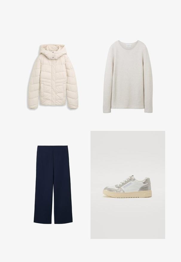 Lys beige dunjakke med hætte, quiltet design, frontlynlås, to sidelommer og et cirkulært logo på venstre ærme.; Lys beige langærmet sweater med rund halsudskæring, tekstureret ribbet design og lige kant. Blødt stof med subtile striber.; Marineblå brede bukser lavet af letvægtigt stof, med et rent design og lige snit, forsynet med sidelommer og uden synlige lukninger.; Hvide sneakers med sølv detaljer, der har et struktureret design, rund tå og tyk beige gummisål. Snørebånd er trukket gennem øjer.