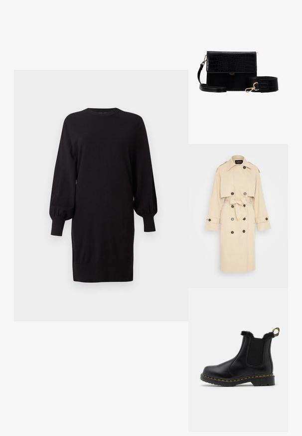 Beige trenchcoat med en cropped design, dobbeltradet sorte knapper, bæltesnøring og skulderepauleter; glat stofstruktur.; Sort langærmet sweaterkjole med ballonærmer og ribstrikkede manchetter, rund halsudskæring og lige kant, vist på en ensfarvet baggrund.; Sorte læder ankelstøvler med teksturerede elastiske sidepaneler, pelsbesætning øverst, gule sømme og en robust gummisål.; Sort faux læder crossbody taske med krokodillestruktur, guldhardware og en aftagelig rem. Har klaplukning og indvendigt rum.