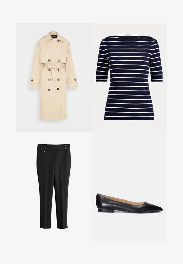 Beige trenchcoat met een cropped design, dubbele zwarte knopen, riem, en schouderepauletten; zachte stofstructuur.; Marineblauw overhemd met witte horizontale strepen en ellebooglange mouwen, afgebeeld op een eenvoudige lichte achtergrond.; Zwarte op maat gemaakte broek van lichtgewicht stof. Heeft een rechte voorkant, twee zijzakken en goudkleurige knoopaccenten bij de tailleband.; Zwarte leren ballerina's met een spitse neus, lage hak en een gouden accent op de hak. Glad textuur met een klassieke uitstraling.