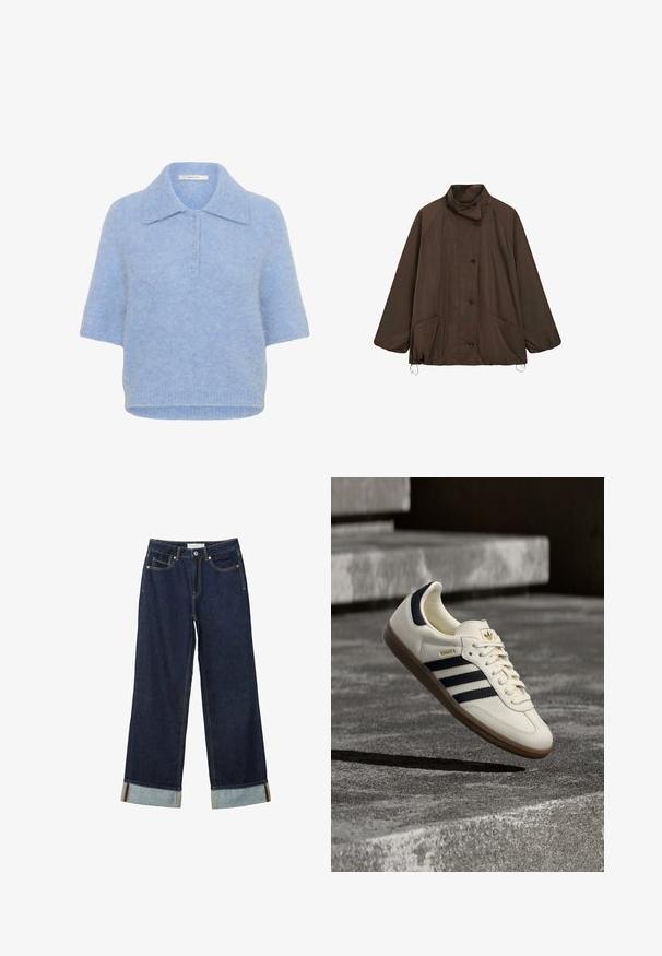 Braune Jacke mit Knöpfen, hohem Kragen, langen Ärmeln, zwei Taschen und verstellbaren Kordeln am Saum.; Hellblaues, kurzärmliges Strickoberteil mit Kragen und Knopfleiste mit fünf Knöpfen. Weicher Stoff mit leicht lässiger Passform und geripptem Saum.; Dunkelblaue, weit geschnittene Jeans mit hoher Taille, ausgestattet mit aufgerollten Säumen, Kontrastnähten und einem Fünf-Taschen-Design. Hergestellt aus Denim-Stoff.; Weißer Adidas Samba Sneaker mit schwarzen Streifen und Gummisohle, schwebend über strukturierten grauen Betontreppen.