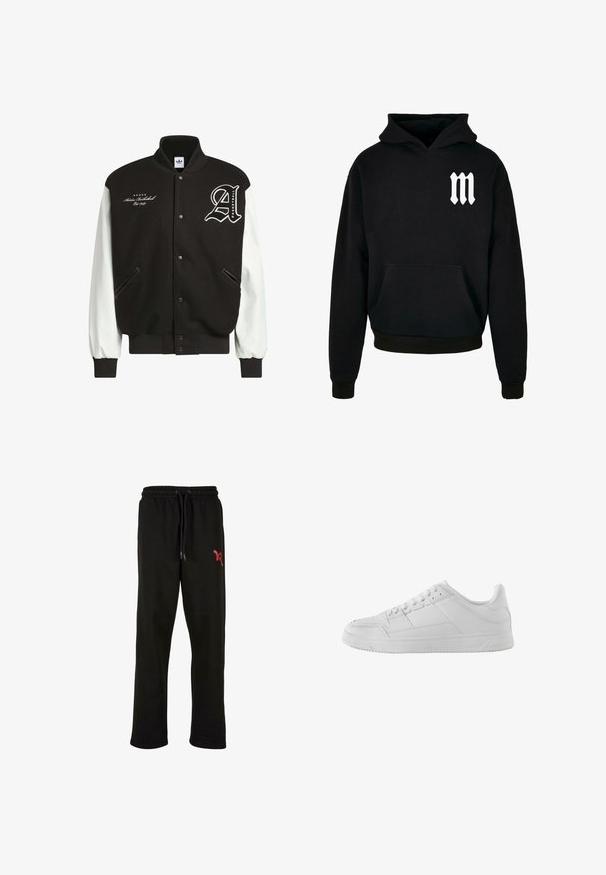 Chaqueta universitaria negra con mangas de cuero blancas, puños y dobladillo acanalados. Presenta un logotipo bordado y texto en el pecho. Dos bolsillos laterales.; Sudadera negra con bolsillo frontal y un gráfico en blanco de la letra "m" en el lado izquierdo del pecho. Presenta una capucha con cordón y puños y bajo acanalados.; Pantalones de chándal negros con cintura elástica y cordón ajustable. Presentan un acento de logo rojo en el muslo izquierdo. Material suave.; Zapatilla blanca de corte bajo con paneles de cuero texturizado y liso, cierre de cordones y suela plana de goma, vista desde el lado izquierdo.