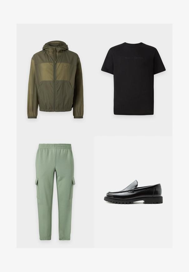 Chaqueta ligera de color verde oliva con capucha, cremallera frontal, puños elásticos y dos bolsillos frontales; cuenta con un tejido texturizado y detalle de logo.; Lacoste Camiseta básica - black; Pantalones de chándal verde claro con cintura elástica, piernas ajustadas y dos bolsillos laterales tipo cargo. Hechos de una tela suave y transpirable.; Mocasín de cuero negro con suela de goma gruesa, empeine cosido y nombre de la marca en relieve en el talón, mostrado en perfil lateral sobre fondo blanco.