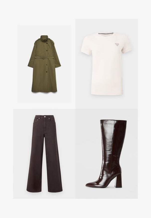 Lang olivengrøn trenchcoat med høj krave, skulderklapper, knapper foran, sidelommer og bælte i taljen med spænde.; Hvid T-shirt med korte ærmer og rund hals med lille rødt Guess-logo i trekant på venstre bryst mod en ensfarvet baggrund.; Højttaljede sorte jeans med vide ben, fem lommer og knaplukning, vist på en ensfarvet lys grå baggrund.; Knehøje brune læderstøvler med en blank finish, spids tå og bred blokhæl. Glat tekstur og elegant design.