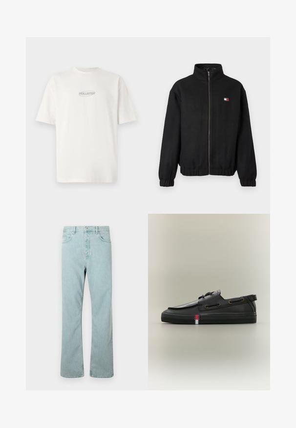 Schwarze Zip-Jacke aus weichem Stoff mit hohem Kragen. Verfügt über ein kleines Logo in Rot, Weiß und Blau. Elastische Bündchen und Saum.; Weißes Baumwoll-T-Shirt mit Rundhalsausschnitt und kurzen Ärmeln, versehen mit einem kleinen grauen "HOLLISTER"-Logo, das mittig auf der Brust platziert ist.; Hellblaue Jeans aus Denim mit geradem Schnitt, fünf Taschen und einem einzigen Knopfverschluss. Abgerundet mit dezenten Steppdetails.; Schwarzer Leder-Bootsschuh mit Schnürdetails, flacher Gummisohle und kleinem rot-weiß-blauem Tommy Jeans-Logo an der Seite.
