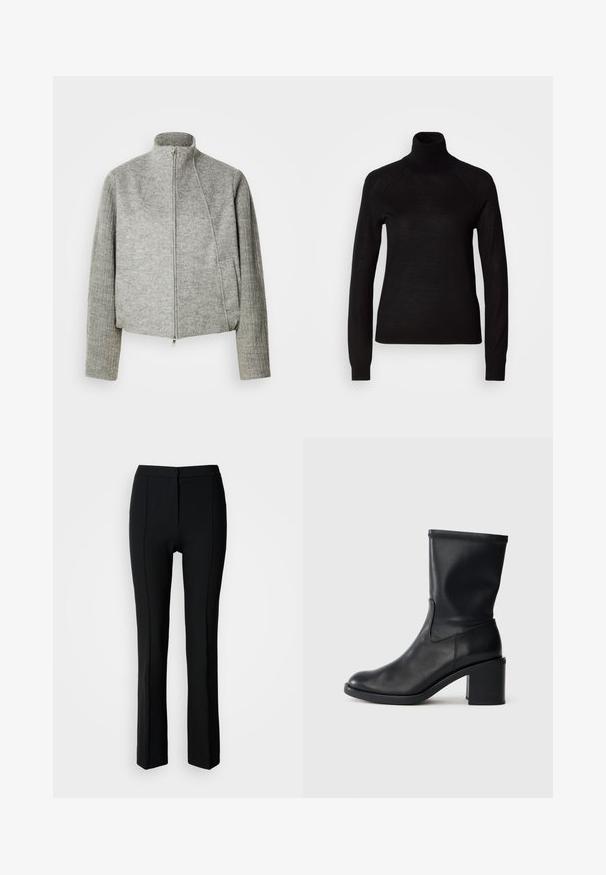 Veste courte grise avec col montant, fermeture éclair frontale et manches longues côtelées. Fabriquée en tissu doux et texturé. Poches latérales incluses.; Pull à col roulé noir en tissu tricot léger. Avec des manches longues et une silhouette ajustée dotée de coutures raglan.; Pantalon noir à coupe ajustée, avec une texture lisse, un design à jambes droites et des détails subtils de couture sur le devant.; Botte en cuir noir à cheville avec un bout rond, texture lisse et un talon épais, présentant un tige ajustée et un subtil détail de couture.