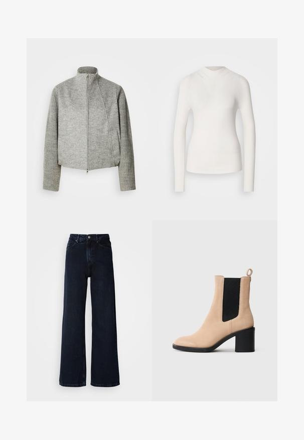 Grijze cropped jas met een hoge kraag, een ritssluiting aan de voorkant en geribbelde lange mouwen. Gemaakt van zachte, gestructureerde stof. Voorzien van zijzakken.; Witte lange mouwen top met een hoge halslijn, geribbelde textuur en een aansluitend ontwerp. Heeft een naadloze uitstraling en een subtiele V-vorm aan de voorkant.; Donkerblauwe wijde jeans met een hoge taille, knoopsluiting, voorzakken en een gladde dennenstof.; Beige suède enkelboot met een blokhak, voorzien van een zwarte elastische inzet en een pull tab aan de achterkant. Glad oppervlak en ronde teen ontwerp.