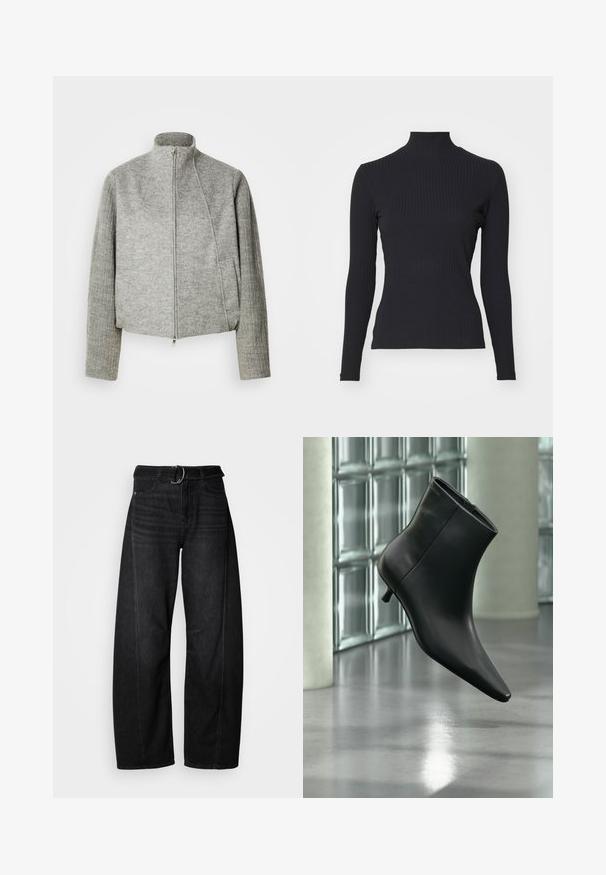 Graue, kurz geschnittene Jacke mit hohem Kragen, Frontreißverschluss und gerippten langen Ärmeln. Hergestellt aus weichem, strukturiertem Stoff. Mit seitlichen Taschen.; Schwarzes, geripptes Rollkragenoberteil mit langen Ärmeln. Aus dehnbarem Stoff mit figurbetonter Passform und hohem Kragen. Einfaches Design ohne Verzierungen.; Schwarze, weit geschnittene Jeans aus Denim mit einem Gürtelbund und lässigen Taschen. Besitzt einen rohen Saum und minimalistische Nähte.; Schwarzer Leder-Stiefelette mit spitzer Zehenpartie und niedrigem Kitten-Heel, schräg dargestellt vor einem polierten Boden und einer Glasbausteinwand.