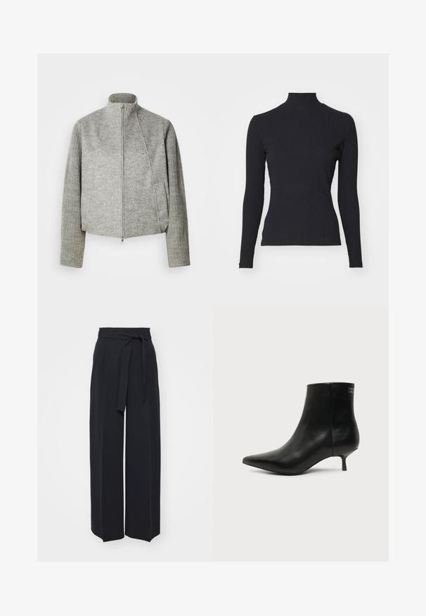 Graue, kurz geschnittene Jacke mit hohem Kragen, Frontreißverschluss und gerippten langen Ärmeln. Hergestellt aus weichem, strukturiertem Stoff. Mit seitlichen Taschen.; Schwarzes, geripptes Rollkragenoberteil mit langen Ärmeln. Aus dehnbarem Stoff mit figurbetonter Passform und hohem Kragen. Einfaches Design ohne Verzierungen.; Schwarze weite Hosen aus weichem Stoff. Mit einem Gürteltäfelchen und vorderen Falten. Glatte Textur mit einem klaren, modernen Design.; Schwarzer Leder-Knöchel-Stiefel mit spitzer Spitze und niedrigem Kittenabsatz vor hellem Hintergrund, seitliche Ansicht.