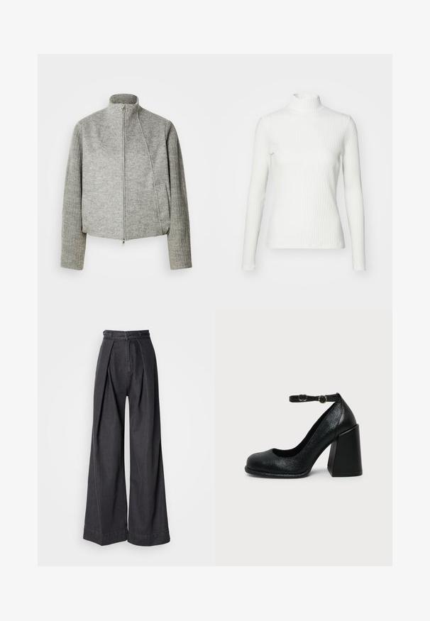 Graue, kurz geschnittene Jacke mit hohem Kragen, Frontreißverschluss und gerippten langen Ärmeln. Hergestellt aus weichem, strukturiertem Stoff. Mit seitlichen Taschen.; Weißes geripptes Turtleneck-Oberteil mit langen Ärmeln, aus elastischem Stoff. Verfügt über ein enganliegendes Design und einen hohen Kragen für zusätzlichen Schutz.; Schwarze Jeans mit weitem Bein und hoher Taille, ausgestattet mit vorderen Falten und einem klassischen Reißverschluss. Knackige, glatte Textur mit sauberen Abschlüssen.; Schwarzer Leder-Pumps mit abgerundetem Zehenbereich und verstellbarem Knöchelriemen mit goldener Schnalle auf schlichter heller Hintergrundfläche.