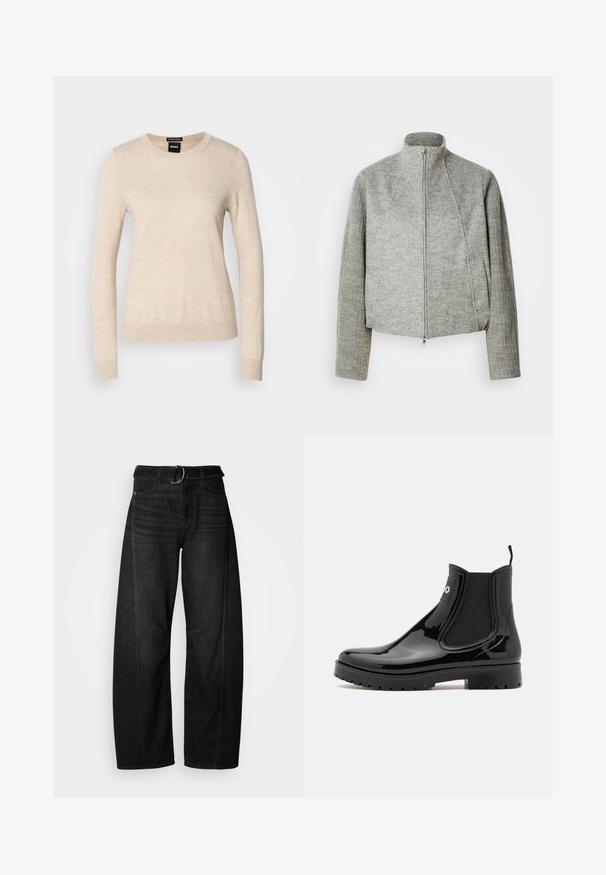Grijze cropped jas met een hoge kraag, een ritssluiting aan de voorkant en geribbelde lange mouwen. Gemaakt van zachte, gestructureerde stof. Voorzien van zijzakken.; BOSS FERPINA - Trui - light beige; Zwarte wijde spijkerbroek van denim met een tailleband en casual zakdetails. Heeft een ruwe rand aan de zoom en minimale stiksels.; HUGO TABITA - Regenlaarzen - black
