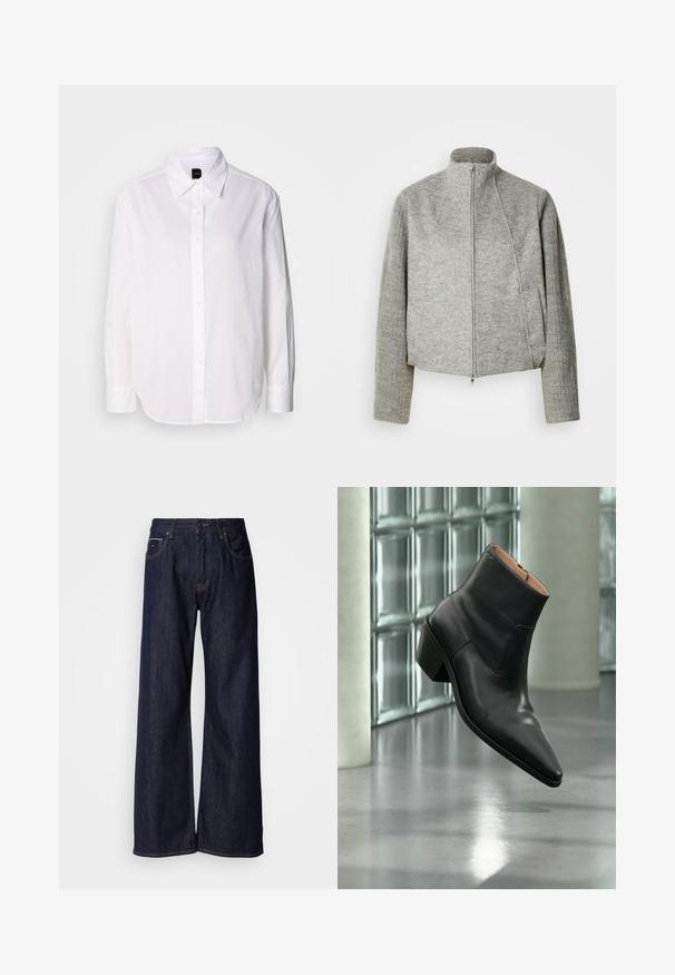 Grijze cropped jas met een hoge kraag, een ritssluiting aan de voorkant en geribbelde lange mouwen. Gemaakt van zachte, gestructureerde stof. Voorzien van zijzakken.; Witte langemouwen overhemd met knopen, gemaakt van lichtgewicht stof. Kenmerkt zich door een klassieke kraag, knopen aan de voorkant en manchet-mouwen.; Wijde donkerdenim jeans met een hoge taille, voorzien van steekzakken en subtiele stiksels. Glad textuur met een klassieke snit.; Zwarte leren enkellaars met een spitse neus en blokhak die zweeft boven een reflecterende grijze vloer nabij een glazen blokmuur.