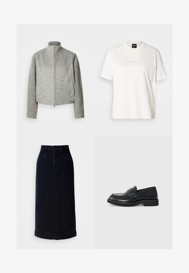 Grijze cropped jas met een hoge kraag, een ritssluiting aan de voorkant en geribbelde lange mouwen. Gemaakt van zachte, gestructureerde stof. Voorzien van zijzakken.; Witte katoenen T-shirt met een ronde hals, korte mouwen en een reliëf "BOSS" logo op de borst. Zachte textuur en een ontspannen pasvorm.; Donkerdenim midi-rok met een hoge taille, sluiting met knopen aan de voorkant en zijzakken; heeft een rechte snit en subtiele zoomdetails.; Zwarte leren instapper met een ronde neus, gestikte details en een platte rubberen zool. Beschikt over een decoratieve band over de wreef.