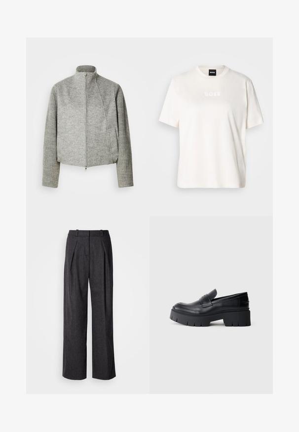 Graue, kurz geschnittene Jacke mit hohem Kragen, Frontreißverschluss und gerippten langen Ärmeln. Hergestellt aus weichem, strukturiertem Stoff. Mit seitlichen Taschen.; Weißes Baumwoll-T-Shirt mit Rundhalsausschnitt, kurzen Ärmeln und einem geprägten "BOSS"-Logo auf der Brust. Weiche Textur und entspannte Passform.; Dunkelgraue weite Hosen aus strukturiertem Stoff, mit vorderen Falten und einem klassischen Taillendesign. Keine sichtbaren Taschen.; Schwarzer klobiger Plateau-Schlüpfschuh mit glattem Lederoberteil, dekorativem Riemen und dicker strukturierter Sohle auf weißem Hintergrund.
